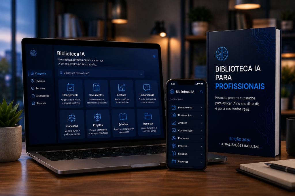 Biblioteca IA para Profissionais - Mockup Notebook, Celular e Livro